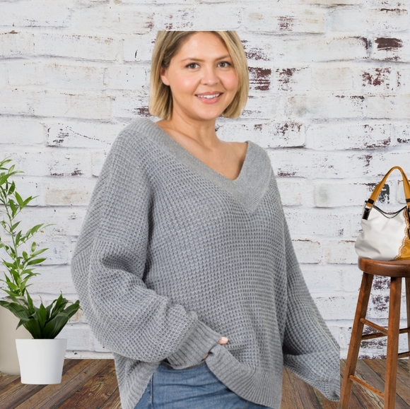 Zenana Outfitters Sweaters - Deep V-Neck Plus Size Sweater in Heather Grey
